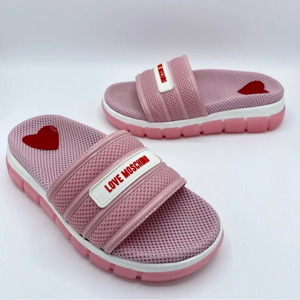 Love Moschino Rete Rosa Brand Logo Slide Sandal Size 38 / US 8